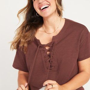 Loose Slub-Knit Lace-Up Top for Women Size L Burgundy